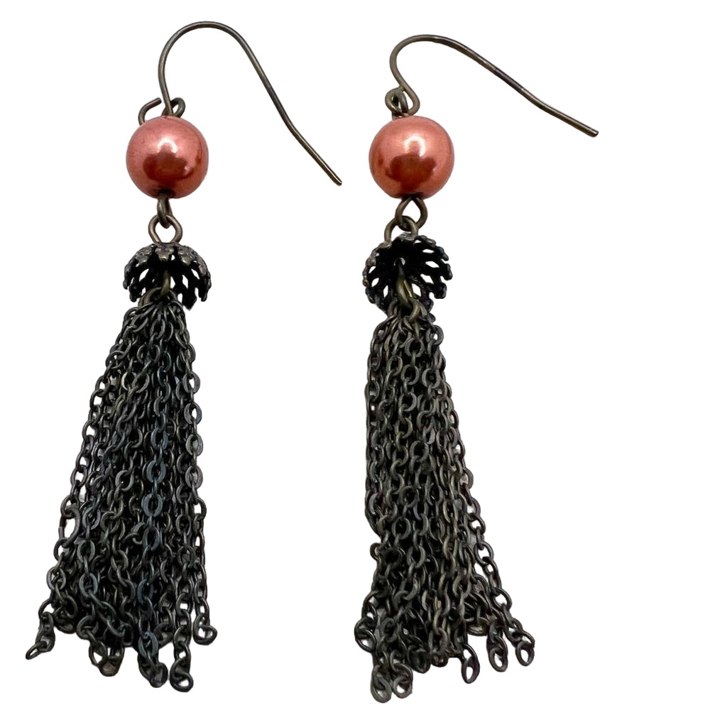 🍭6/$30 Bronze and faux pearl tassel fringe dangle drop earring